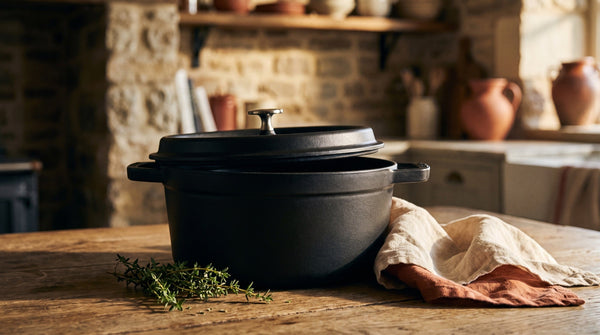 Geëmailleerde gietijzeren braadpan met deksel op een houten tafel naast verse kruiden