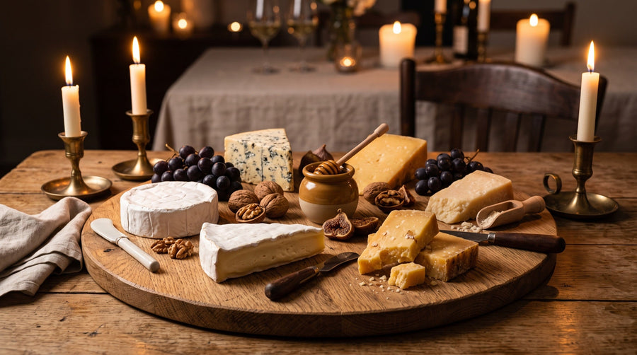 Houten kaasplank met verschillende kazen, druiven, noten en kaasmessen op een gedekte tafel