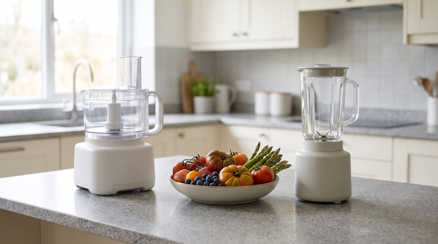 Keukenmachine en blender naast elkaar op een aanrecht met verse groenten en fruit