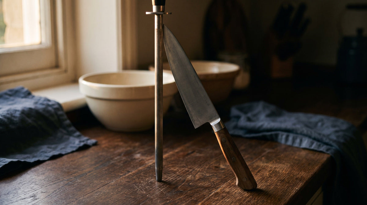 Koksmes wordt over een aanzetstaal gehaald boven een houten werkblad in een keuken