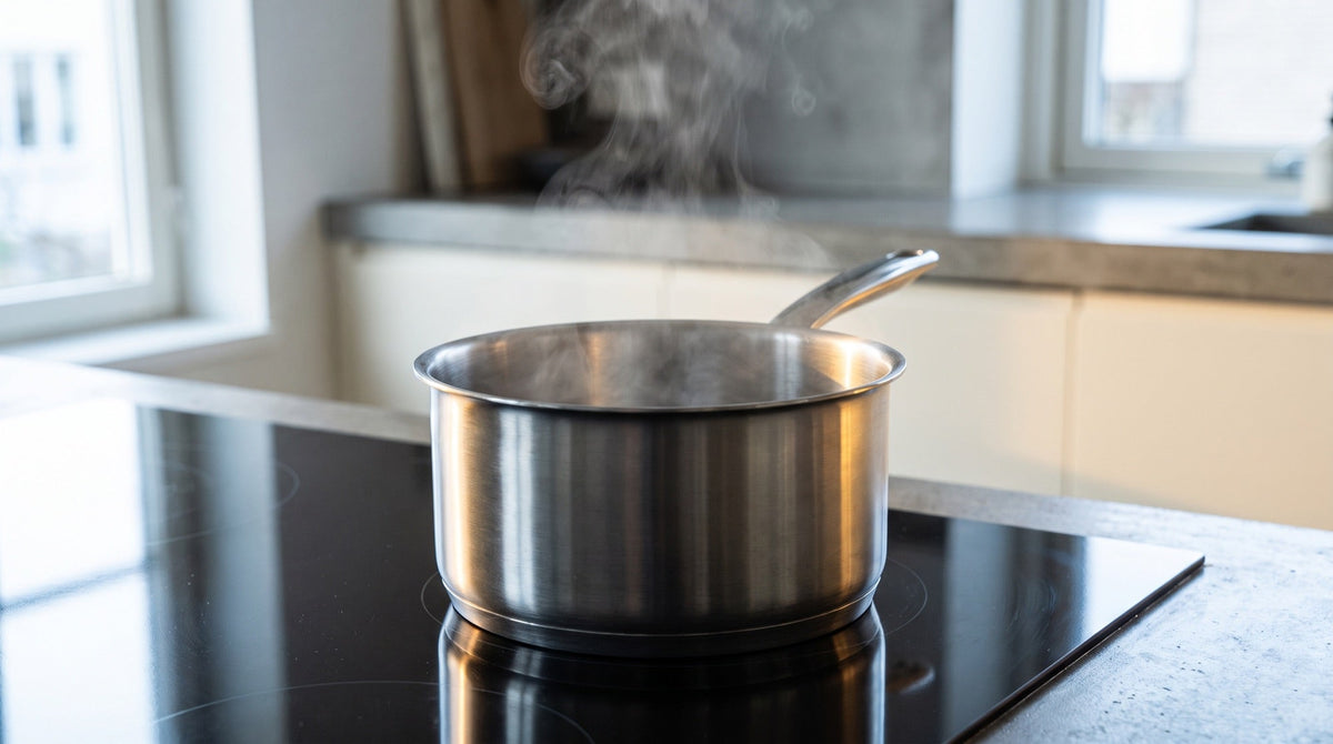 Roestvrijstalen pan op een zwarte inductiekookplaat in een moderne keuken