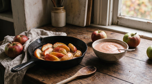 Pan met zachtgekookte appels naast een kom gladde appelmoes en verse appels op een houten aanrecht in herfstlicht