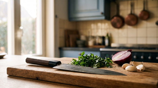 Koksmes op een houten snijplank naast fijngesneden kruiden en groenten in een warme keuken