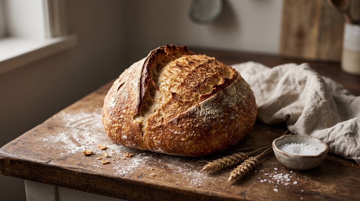 Bloemige bol zelfgebakken brood met een gescheurde korst op een met meel bestoven houten werkblad in zacht ochtendlicht