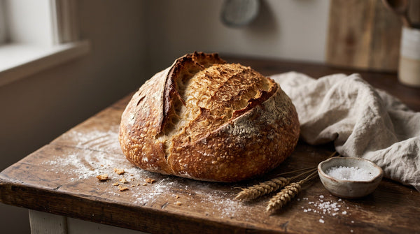 Bloemige bol zelfgebakken brood met een gescheurde korst op een met meel bestoven houten werkblad in zacht ochtendlicht